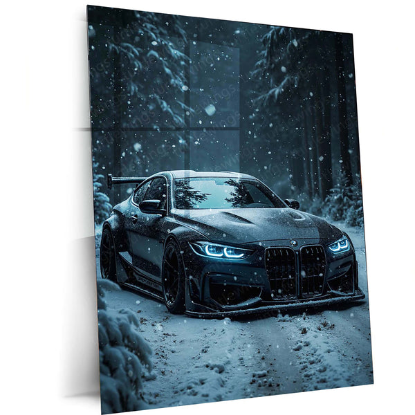 Cars Metal Poster | BMW M4 in Winter Storm – Aggressive Snow Drive Edition Metal Poster | Performance Car Wall Frame