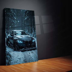 Cars Metal Poster | BMW M4 in Winter Storm – Aggressive Snow Drive Edition Metal Poster | Performance Car Wall Frame