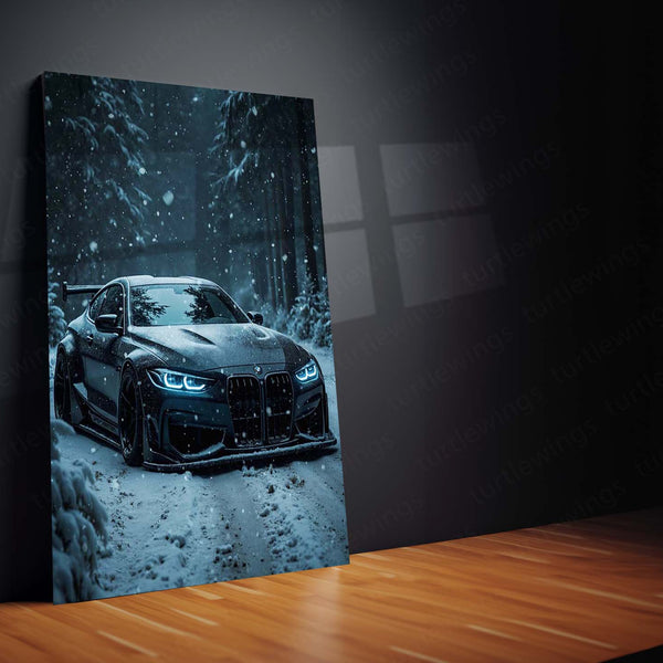 Cars Metal Poster | BMW M4 in Winter Storm – Aggressive Snow Drive Edition Metal Poster | Performance Car Wall Frame