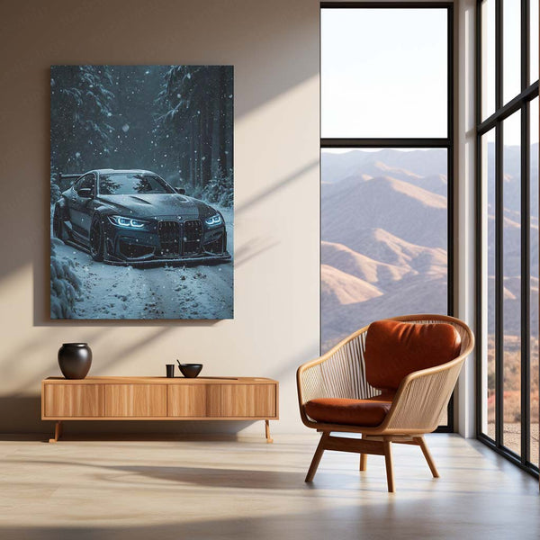 Cars Metal Poster | BMW M4 in Winter Storm – Aggressive Snow Drive Edition Metal Poster | Performance Car Wall Frame