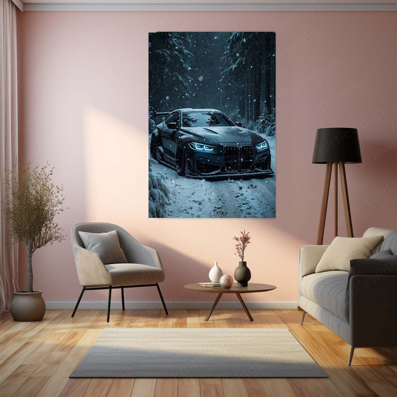 Cars Metal Poster | BMW M4 in Winter Storm – Aggressive Snow Drive Edition Metal Poster | Performance Car Wall Frame