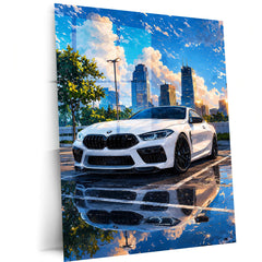 BMW M8 Competition Cityscape Metal Poster | White Luxury Sports Wall Art