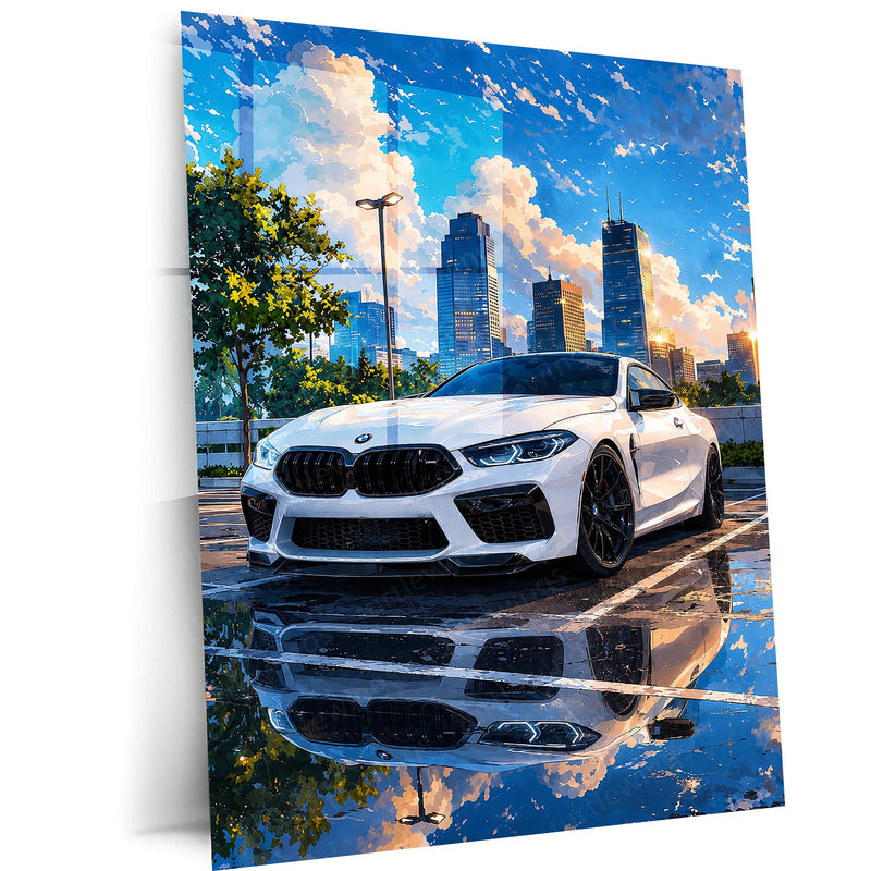 BMW M8 Competition Cityscape Metal Poster | White Luxury Sports Wall Art