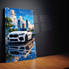 BMW M8 Competition Cityscape Metal Poster | White Luxury Sports Wall Art