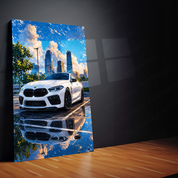 BMW M8 Competition Cityscape Metal Poster | White Luxury Sports Wall Art
