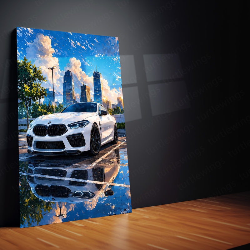 BMW M8 Competition Cityscape Metal Poster | White Luxury Sports Wall Art