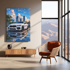BMW M8 Competition Cityscape Metal Poster | White Luxury Sports Wall Art