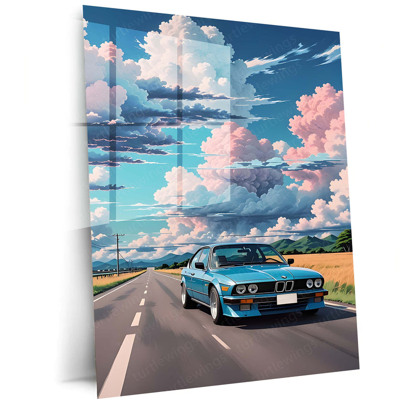 BMW E30 Open Road Metal Poster | Classic BMW 3 Series Scenic Drive Wall Art