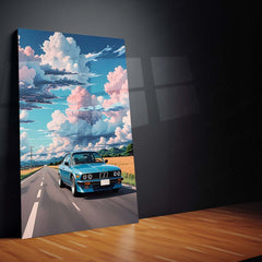 BMW E30 Open Road Metal Poster | Classic BMW 3 Series Scenic Drive Wall Art