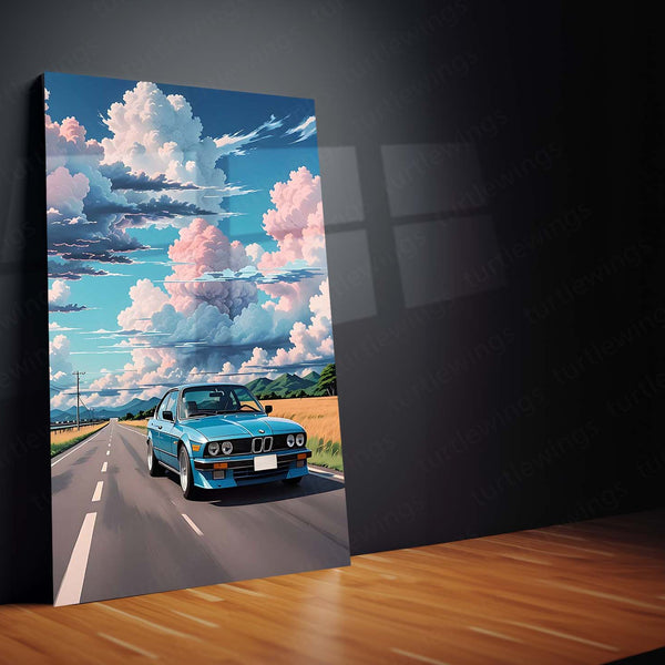 BMW E30 Open Road Metal Poster | Classic BMW 3 Series Scenic Drive Wall Art
