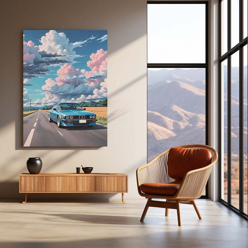 BMW E30 Open Road Metal Poster | Classic BMW 3 Series Scenic Drive Wall Art