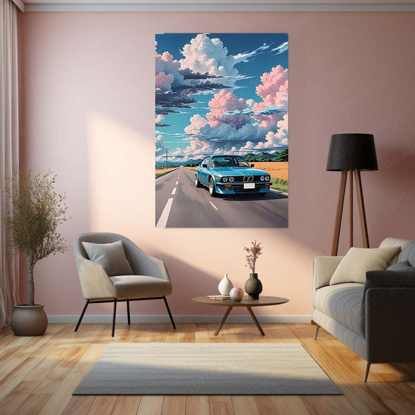 BMW E30 Open Road Metal Poster | Classic BMW 3 Series Scenic Drive Wall Art