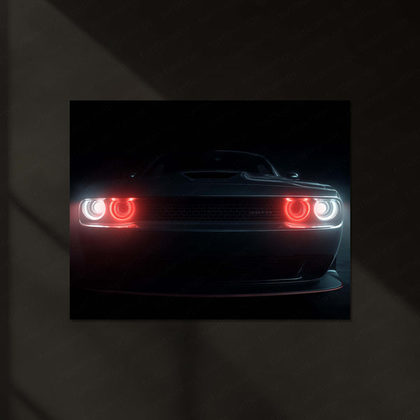 Dodge Challenger – The Hellfire Gaze | Neon LED Metal Poster | American Muscle Power Frame