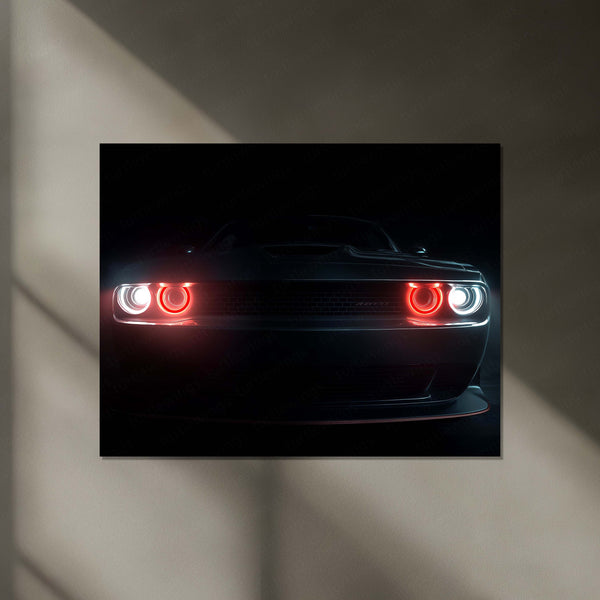 Dodge Challenger – The Hellfire Gaze | Neon LED Metal Poster | American Muscle Power Frame