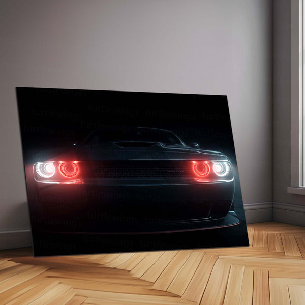 Dodge Challenger – The Hellfire Gaze | Neon LED Metal Poster | American Muscle Power Frame