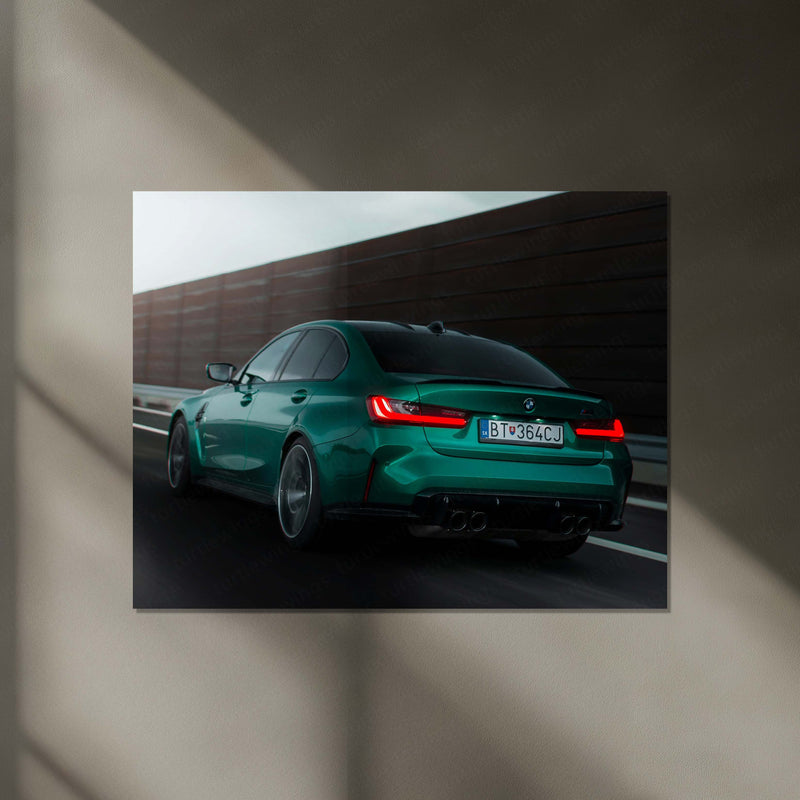 BMW M3 G80 Isle of Man Green – Rear Motion Shot Neon LED Metal Poster | Performance Sedan Wall Frame