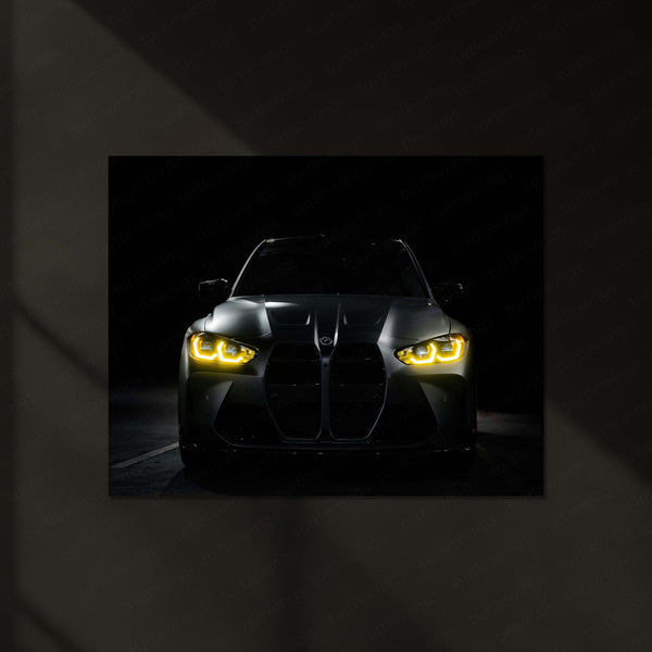 BMW M Series – The Golden Eyes Neon LED Metal Poster | Performance Machine Glow Edition | Luxury Automotive Wall Art