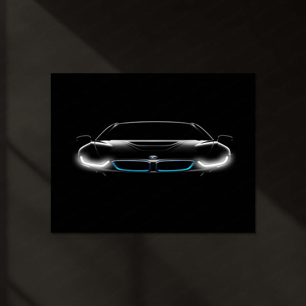 BMW i8 Neon LED Metal Poster | Futuristic Hybrid Supercar Wall Art | Electric Blue Glow Frame