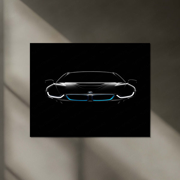 BMW i8 Neon LED Metal Poster | Futuristic Hybrid Supercar Wall Art | Electric Blue Glow Frame