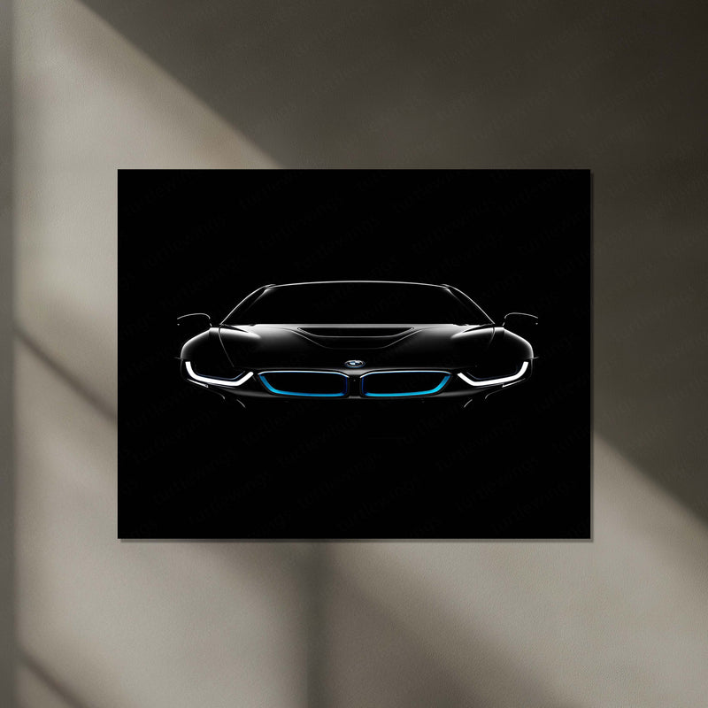 BMW i8 Neon LED Metal Poster | Futuristic Hybrid Supercar Wall Art | Electric Blue Glow Frame