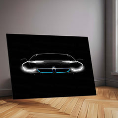 BMW i8 Neon LED Metal Poster | Futuristic Hybrid Supercar Wall Art | Electric Blue Glow Frame