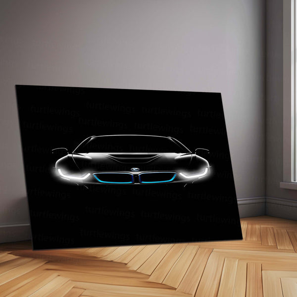 BMW i8 Neon LED Metal Poster | Futuristic Hybrid Supercar Wall Art | Electric Blue Glow Frame