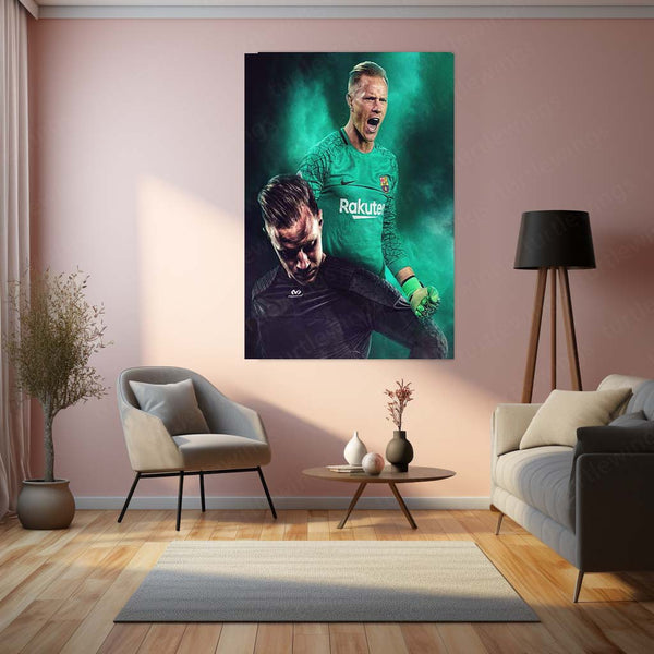 Barcelona Goalkeeper in Green – Metal Frame | Premium FC Barcelona Wall Art - TURTLEWINGS 
