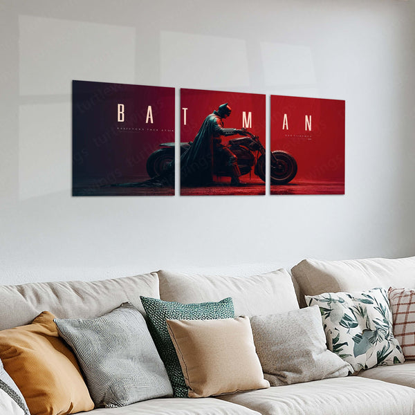 Superhero Metal Poster Set of 3 | Batman | Red Motorcycle Cinematic Triptych Wall Art – product image 2