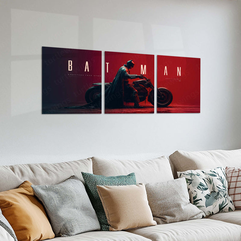 Superhero Metal Poster Set of 3 | Batman | Red Motorcycle Cinematic Triptych Wall Art – product image 2