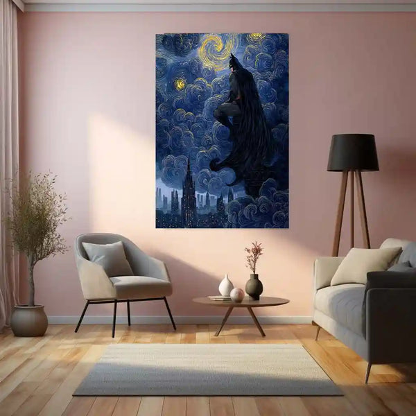 Batman Starry Night Metal Poster | Gotham Meets Van Gogh | Dark Knight Wall Art Frame