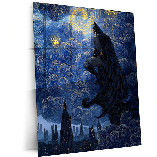 Batman Starry Night Metal Poster | Gotham Meets Van Gogh | Dark Knight Wall Art Frame