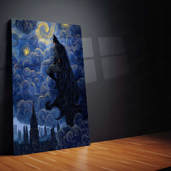 Batman Starry Night Metal Poster | Gotham Meets Van Gogh | Dark Knight Wall Art Frame