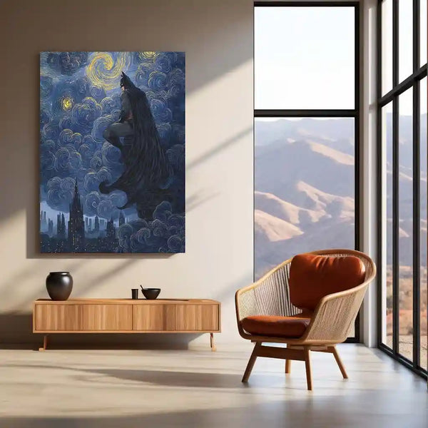Batman Starry Night Metal Poster | Gotham Meets Van Gogh | Dark Knight Wall Art Frame