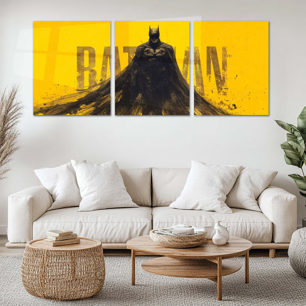 Superhero Metal Poster Set of 3 | Batman | Yellow & Black Dark Knight Triptych Wall Art – main product image
