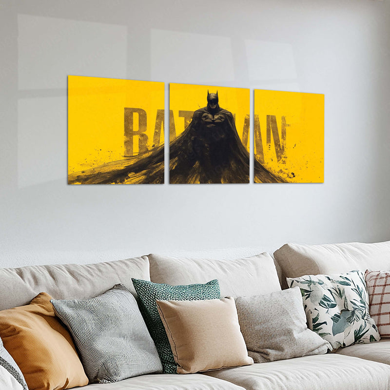 Superhero Metal Poster Set of 3 | Batman | Yellow & Black Dark Knight Triptych Wall Art – product image 2