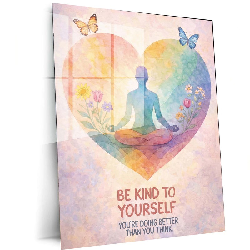 Quote Metal Poster | Be Kind to Yourself – Self Love & Mindfulness Wall Art | Peaceful Meditation Inspirational Metal Frame - TURTLEWINGS 