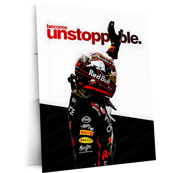 Quote Metal Poster | Max Verstappen – Become Unstoppable Metal Frame Formula 1 Champion Mindset Wall Art | Relentless Dominance Quote Metal Poster
