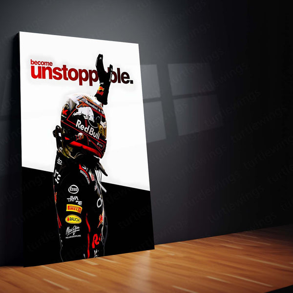 Quote Metal Poster | Max Verstappen – Become Unstoppable Metal Frame Formula 1 Champion Mindset Wall Art | Relentless Dominance Quote Metal Poster