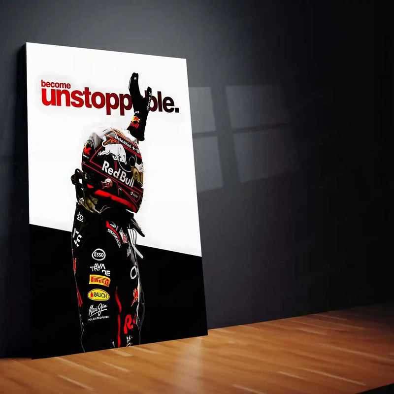 Quote Metal Poster | Max Verstappen – Become Unstoppable Metal Frame Formula 1 Champion Mindset Wall Art | Relentless Dominance Quote Metal Poster - TURTLEWINGS 