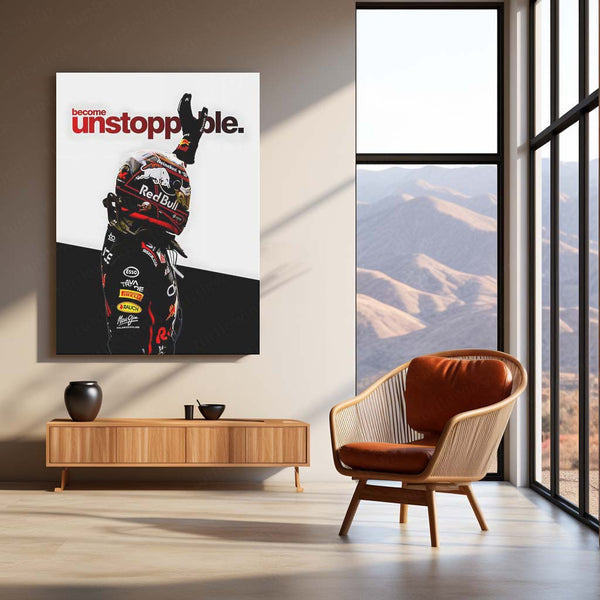 Quote Metal Poster | Max Verstappen – Become Unstoppable Metal Frame Formula 1 Champion Mindset Wall Art | Relentless Dominance Quote Metal Poster