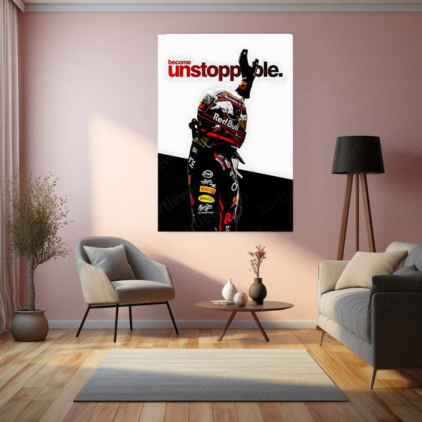 Quote Metal Poster | Max Verstappen – Become Unstoppable Metal Frame Formula 1 Champion Mindset Wall Art | Relentless Dominance Quote Metal Poster