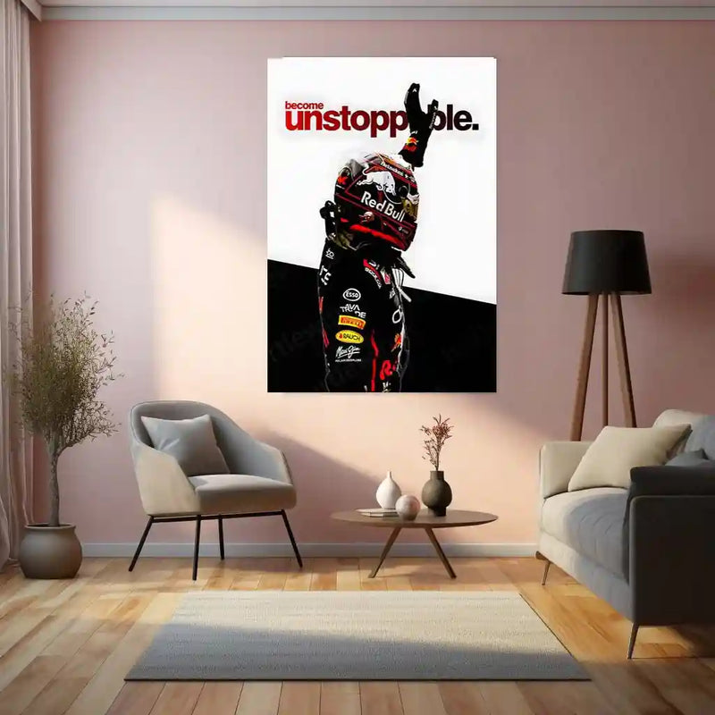 Quote Metal Poster | Max Verstappen – Become Unstoppable Metal Frame Formula 1 Champion Mindset Wall Art | Relentless Dominance Quote Metal Poster - TURTLEWINGS 