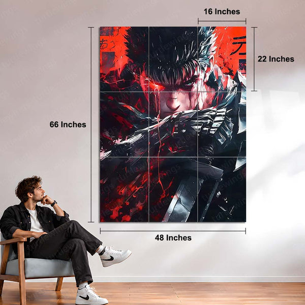 Anime Metal Poster Set of 9 | Guts Berserk | Berserk Anime & Manga Wall Art | Black Swordsman Red & Black 9 Panel Metal Print