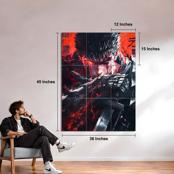 Anime Metal Poster Set of 9 | Guts Berserk | Berserk Anime & Manga Wall Art | Black Swordsman Red & Black 9 Panel Metal Print