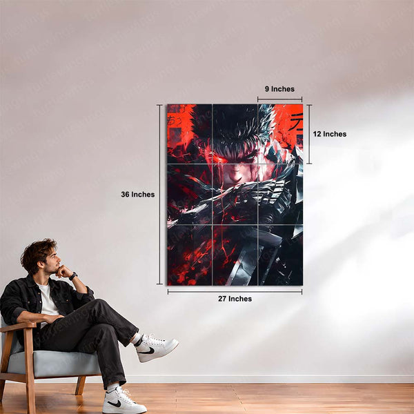 Anime Metal Poster Set of 9 | Guts Berserk | Berserk Anime & Manga Wall Art | Black Swordsman Red & Black 9 Panel Metal Print