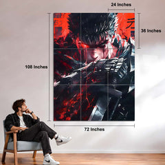 Anime Metal Poster Set of 9 | Guts Berserk | Berserk Anime & Manga Wall Art | Black Swordsman Red & Black 9 Panel Metal Print