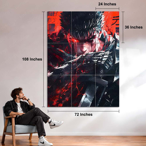 Anime Metal Poster Set of 9 | Guts Berserk | Berserk Anime & Manga Wall Art | Black Swordsman Red & Black 9 Panel Metal Print