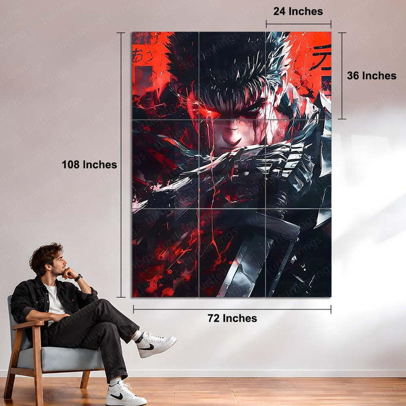 Anime Metal Poster Set of 9 | Guts Berserk | Berserk Anime & Manga Wall Art | Black Swordsman Red & Black 9 Panel Metal Print