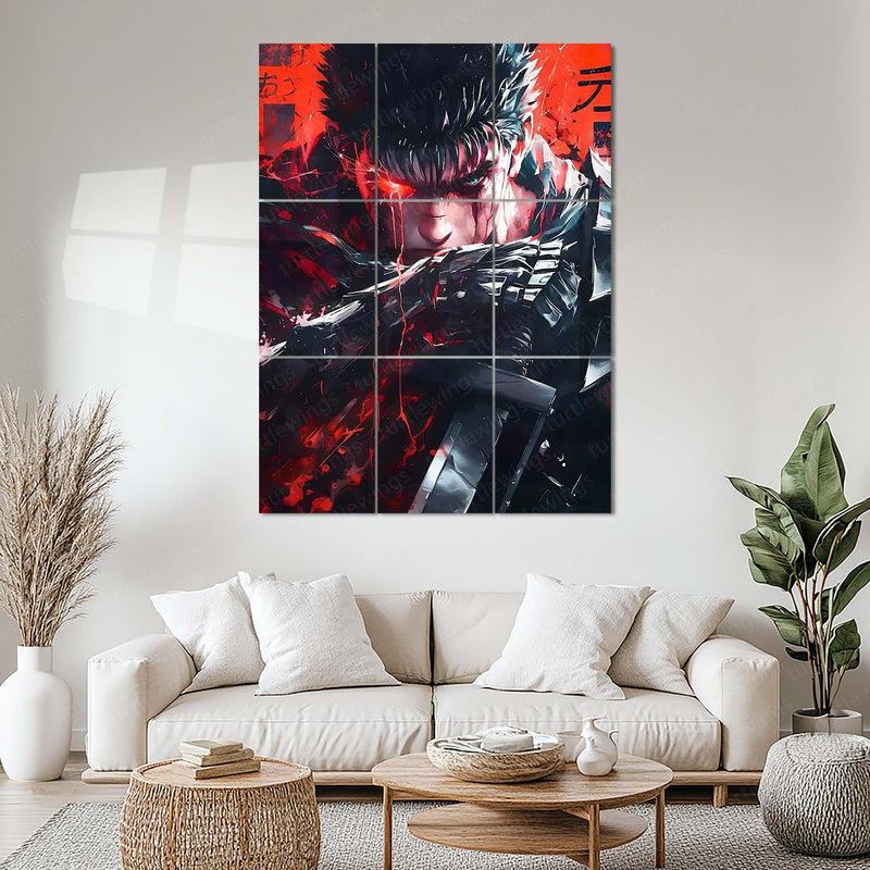 Anime Metal Poster Set of 9 | Guts Berserk | Berserk Anime & Manga Wall Art | Black Swordsman Red & Black 9 Panel Metal Print