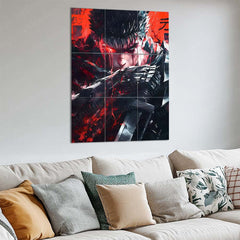 Anime Metal Poster Set of 9 | Guts Berserk | Berserk Anime & Manga Wall Art | Black Swordsman Red & Black 9 Panel Metal Print